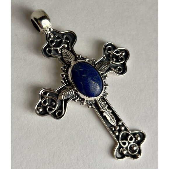 Handcrafted Oval Lapis Lazuli Cut Gemstone Cross 925 Sterling Silver - Picture 14 of 16